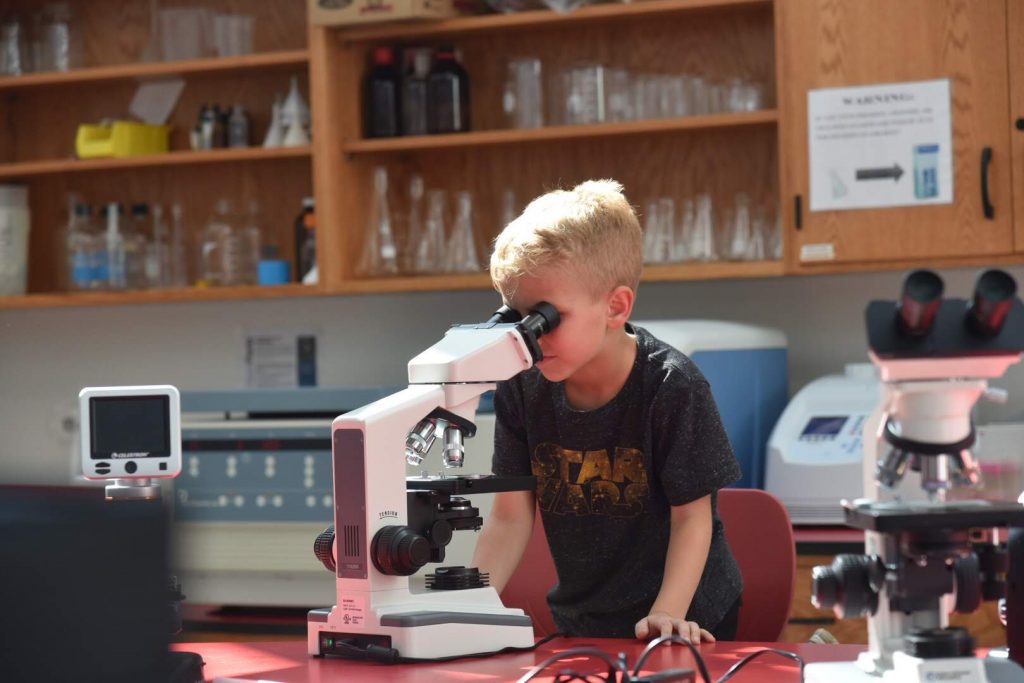 Young boy staring into microscope in lab while standing on chair